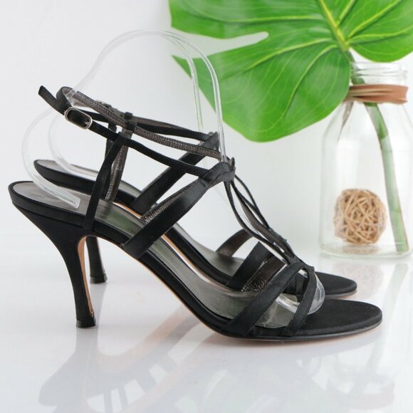 Faconnable Womens Sandal Size 10 Black Satin Strappy Caged High Heel Dress Shoe - Picture 4 of 12